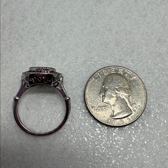 Rhodium Plated Sterling Art Deco Inspired Cushion Cut Faux Dia & Ruby Ring - Picture 6 of 7